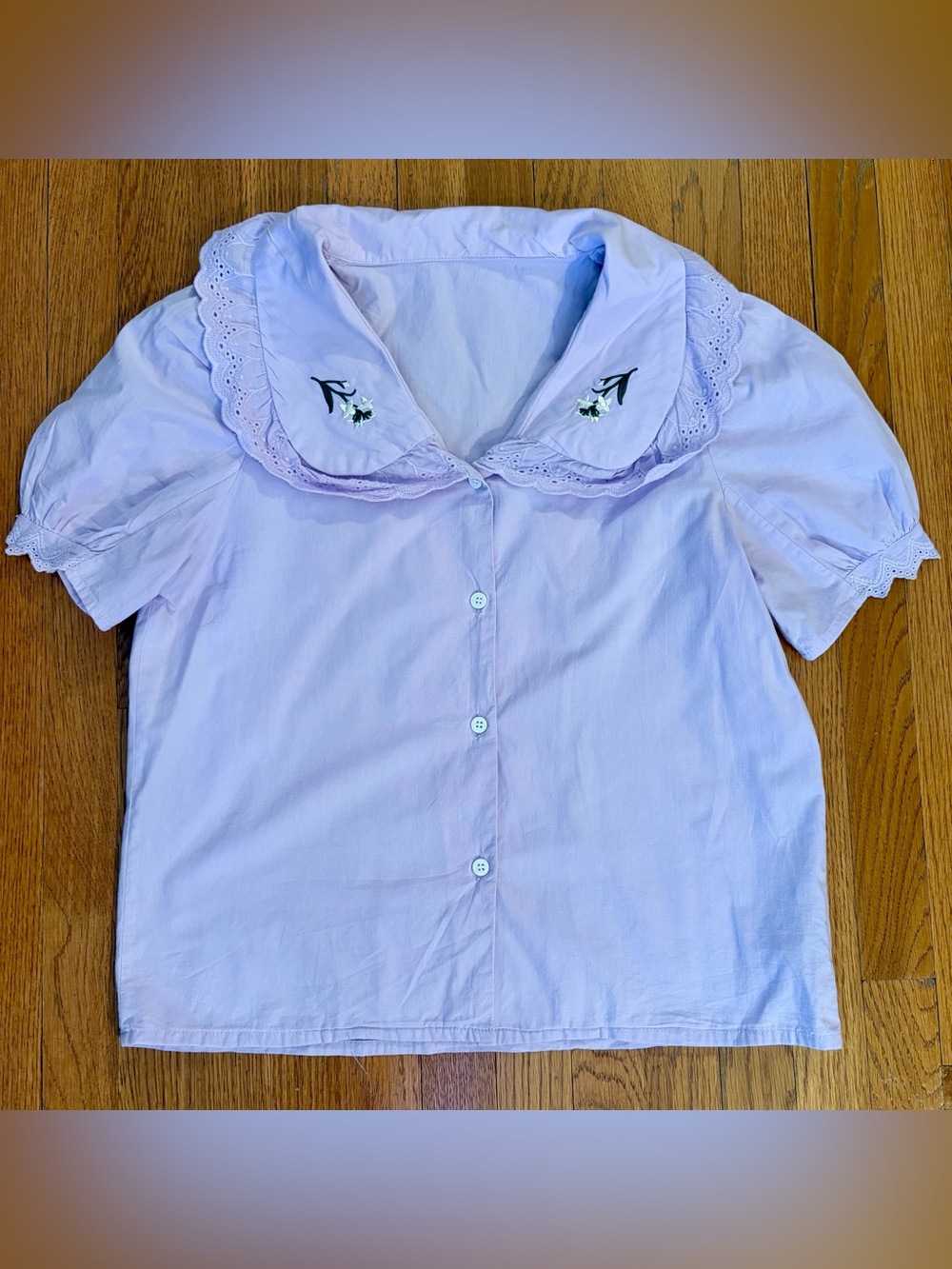 Lavender Embroidered Peter Pan Collar Button-Down Top